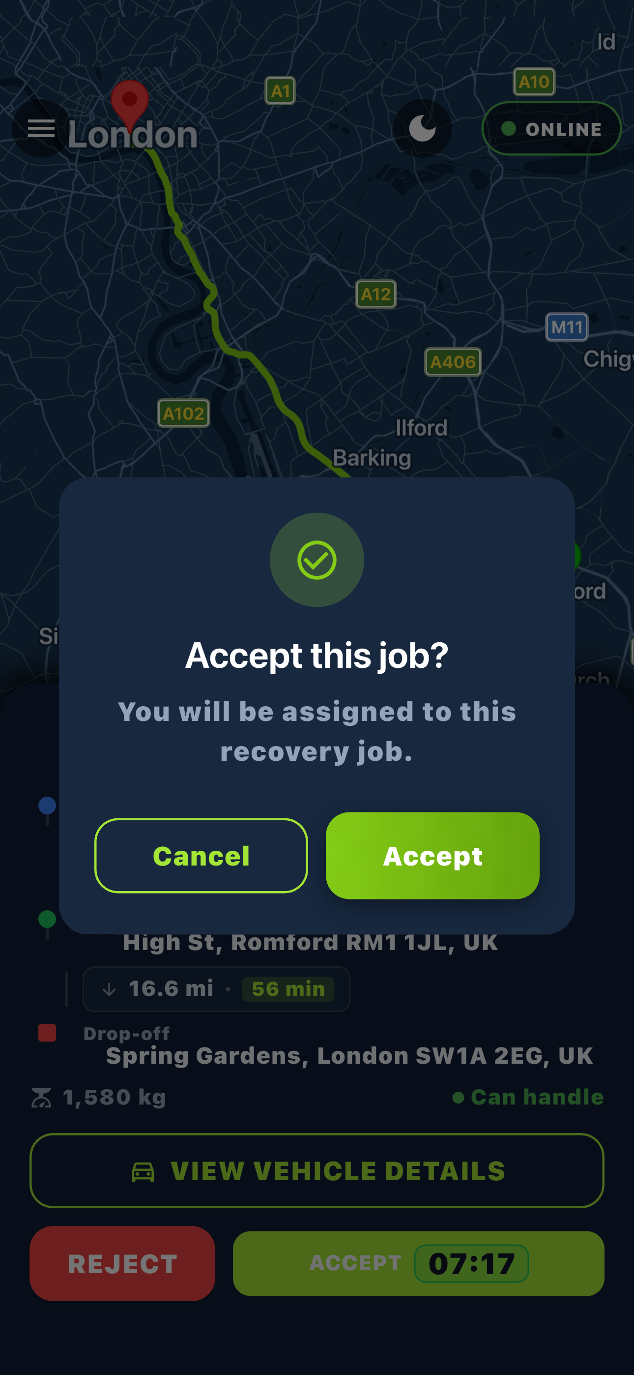Getcovery driver app job screen in dark mode
